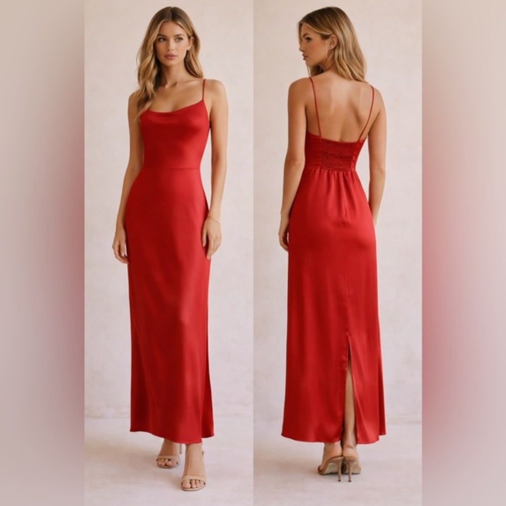 Reformation Red Satin Maxi Dress Slip Dress Cowl Neck Open Back Size 2